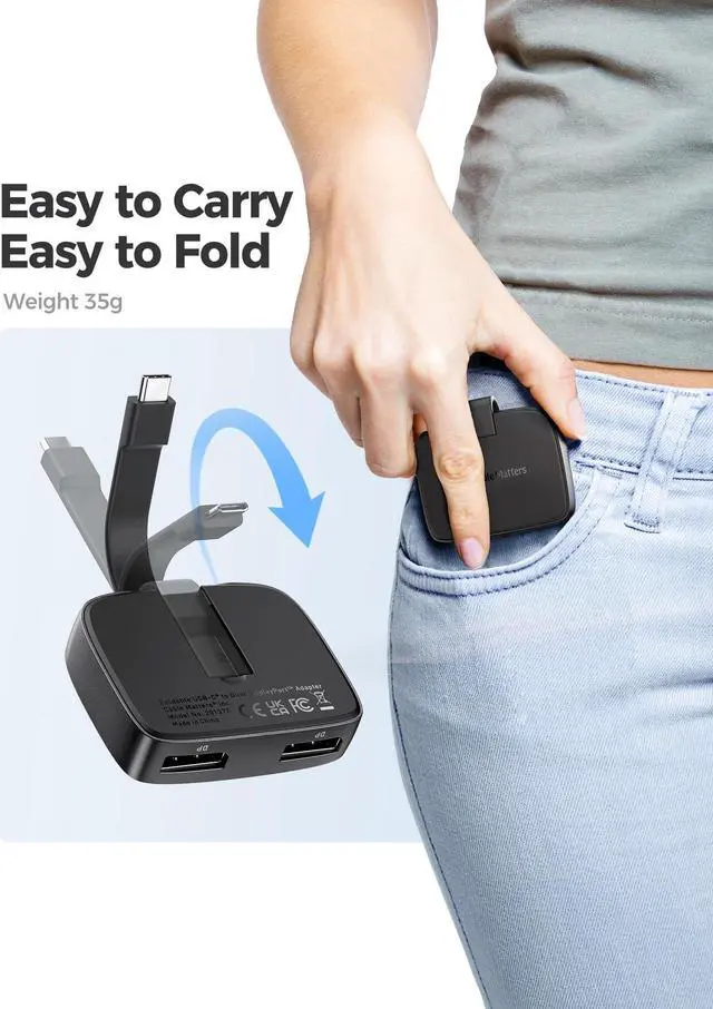 Alt view image 2 of 5 - Cable Matters Portable 8K or Dual 4K 60Hz USB C to Dual DisplayPort Adapter, Foldable Thunderbolt to 2X DisplayPort Adapter - Does NOT Supports Dual Displays on macOS