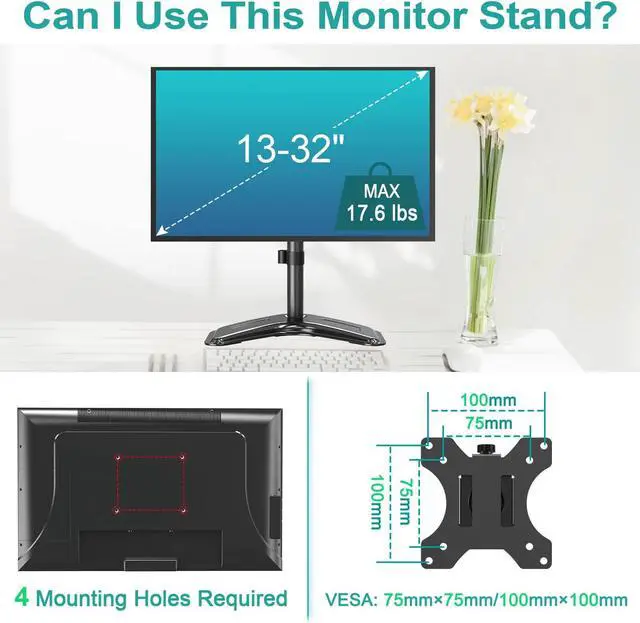 Alt view image 4 of 5 - Single Monitor Stands Fits 13-32 inch/17.6 lbs Screen, Free Standing Computer Monitor Mount and Universal Non-VESA Monitor Mount Adapter