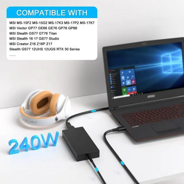 Alt view image 3 of 5 - VHBW 240W USB Tip Charger for MSI GP77 GS77 GE76 GE66 GP76 GP66 MS-17K3 A20-240P2A A240A007P S93-0409410-C54 Stealth 17 14 Studio Creator Z16 HX CreatorPro Z16P Z17 RTX 4090 4080 4070 Power Supply