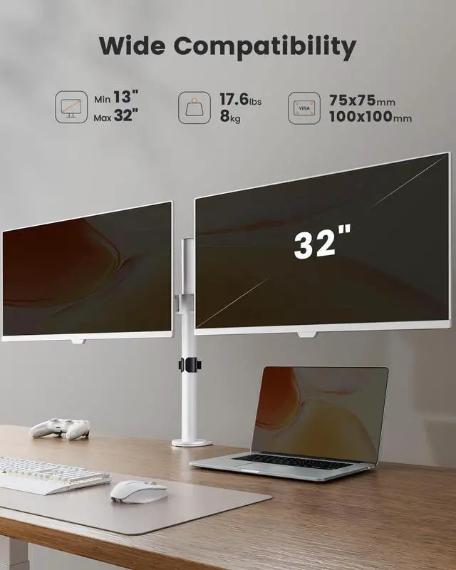 Alt view image 2 of 5 - ErGear Fully Adjustable Dual Monitor Mount for 2 Screens up to 32 Inches, Holds up to 17.6 lbs Each Arm, Desk Stand, White