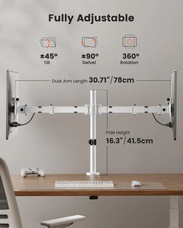 Alt view image 4 of 5 - ErGear Fully Adjustable Dual Monitor Mount for 2 Screens up to 32 Inches, Holds up to 17.6 lbs Each Arm, Desk Stand, White