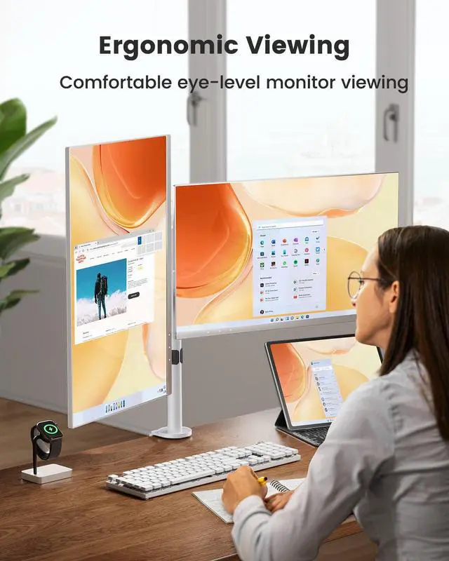 Alt view image 3 of 5 - ErGear Fully Adjustable Dual Monitor Mount for 2 Screens up to 32 Inches, Holds up to 17.6 lbs Each Arm, Desk Stand, White