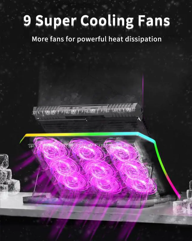 Alt view image 2 of 5 - KeiBn Laptop Cooling Pad, Gaming Laptop Fan Cooling Pad with 9 Quiet Fans, RGB Laptop Cooler for 15.6-17.3 Inch, Cooling Pad for Laptop with 7 Height Stands, 2 USB Ports, Phone Stand-Purple