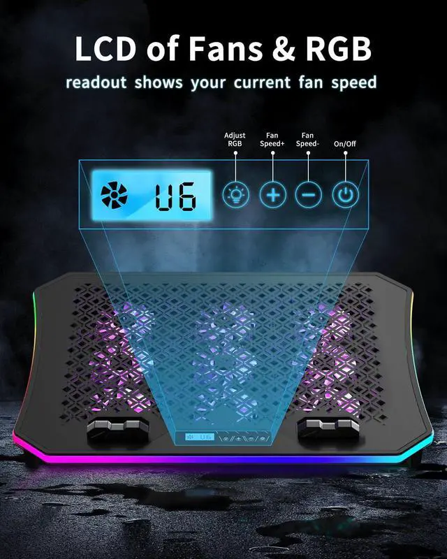 Alt view image 4 of 5 - KeiBn Laptop Cooling Pad, Gaming Laptop Fan Cooling Pad with 9 Quiet Fans, RGB Laptop Cooler for 15.6-17.3 Inch, Cooling Pad for Laptop with 7 Height Stands, 2 USB Ports, Phone Stand-Purple