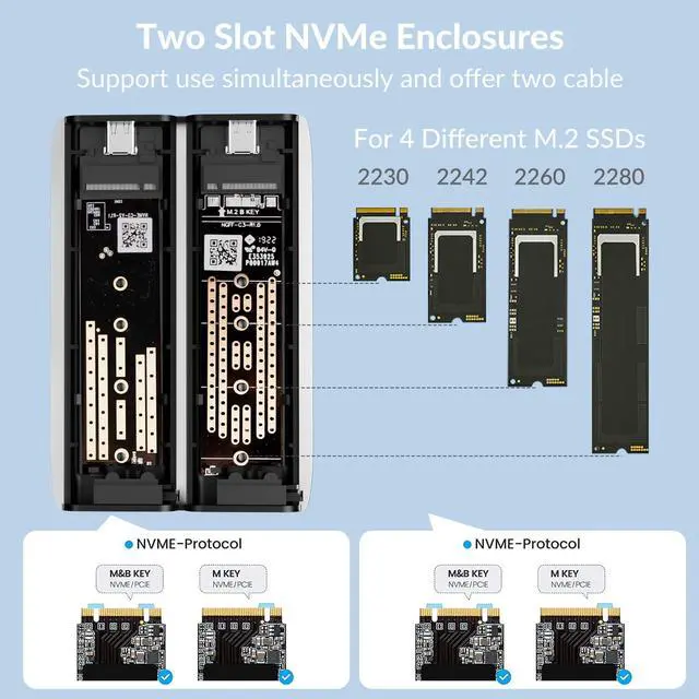 Alt view image 2 of 5 - Gigimundo Two Bay M.2 SSD Enclosure Heavy Duty - 1xNVMe 10Gbps (M Key) & 1xNGFF SATA 6Gbps (B/M&B Key) with UASP Support, Sleek Aluminum, Tool-Free Caddy for 2280/2260/2242/2230, Grey