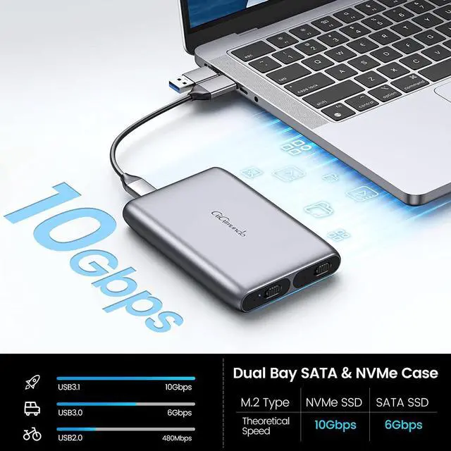 Alt view image 3 of 5 - Gigimundo Two Bay M.2 SSD Enclosure Heavy Duty - 1xNVMe 10Gbps (M Key) & 1xNGFF SATA 6Gbps (B/M&B Key) with UASP Support, Sleek Aluminum, Tool-Free Caddy for 2280/2260/2242/2230, Grey