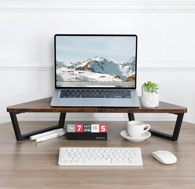 Alt view image 2 of 5 - TEAMIX 26 inch Triangle Monitor Stand Riser, Desktop Corner Shelf with Metal Leg Wood Computer Stand with Storage Laptop Riser Office Organization