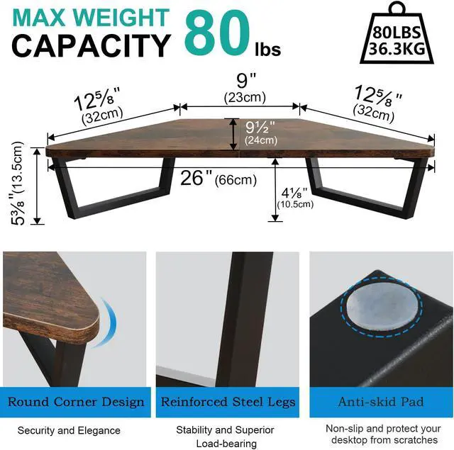 Alt view image 5 of 5 - TEAMIX 26 inch Triangle Monitor Stand Riser, Desktop Corner Shelf with Metal Leg Wood Computer Stand with Storage Laptop Riser Office Organization