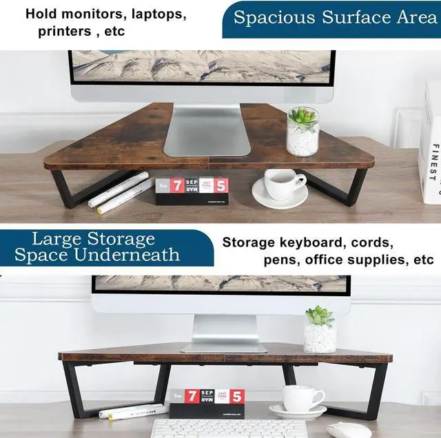 Alt view image 4 of 5 - TEAMIX 26 inch Triangle Monitor Stand Riser, Desktop Corner Shelf with Metal Leg Wood Computer Stand with Storage Laptop Riser Office Organization