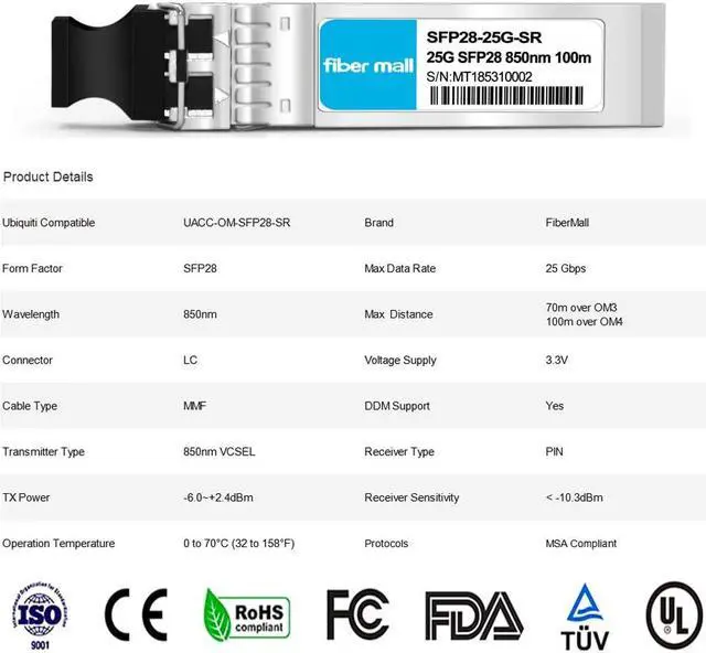 Alt view image 2 of 5 - 25G SFP28 SR for Ubiquiti UACC-OM-SFP28-SR 25GBASE-SR SFP28 850nm 100m DOM LC MMF Optical Transceiver Module