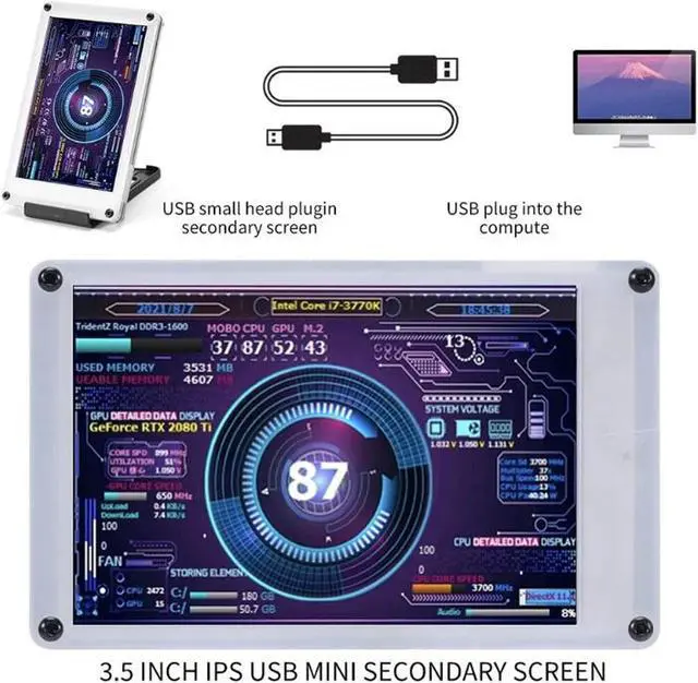 Alt view image 3 of 5 - Acogedor 3.5 Inch IPS USB Mini Screen, Computer Temp Monitor, PC CPU GPU RAM HDD Data Monitor, PC Sensor Panel Display, with Visual Theme Editor