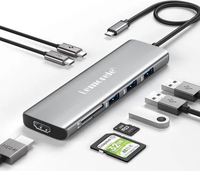 Main image of Lemorele USB C Hub 8-in-1 Adapter, USB-C Hub with 4K HDMI Output, 100W Power Delivery, USB 3.0 5Gbps Port, SD/TF Card Reader Adpater, Compatible for MacBook Pro, XPS, Chromebook and More(Silver)