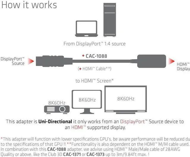 Alt view image 5 of 5 - Club 3D CAC-1088 DisplayPort 1.4 to HDMI 4K120Hz/8K60Hz HDR Active Adapter M/F
