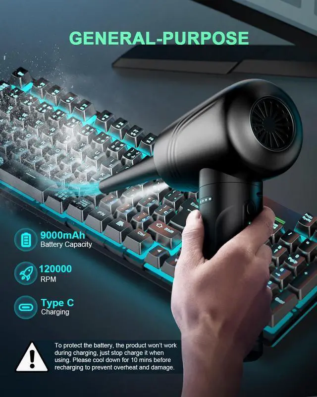 Alt view image 3 of 5 - BANKKY 11-in-1 Compressed Air Duster, 3-Gear Adjustable 120000 RPM Electric Air Duster with LED Light, Reusable no Canned Keyboard Cleaner for Office, 9000mAh Cordless Air Duster for Computer/Car