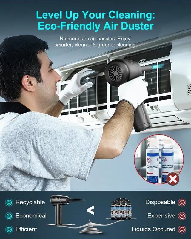 Alt view image 5 of 5 - BANKKY 11-in-1 Compressed Air Duster, 3-Gear Adjustable 120000 RPM Electric Air Duster with LED Light, Reusable no Canned Keyboard Cleaner for Office, 9000mAh Cordless Air Duster for Computer/Car
