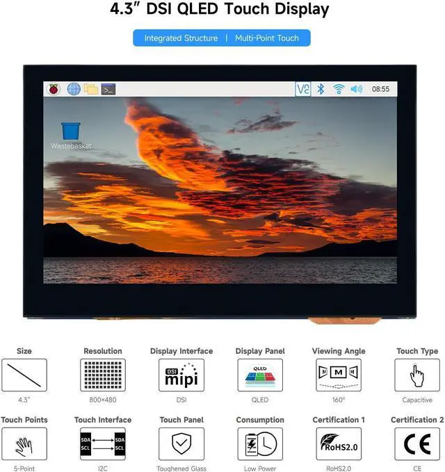 Alt view image 3 of 5 - waveshare 4.3inch QLED Display, Compatible with Raspberry Pi 5/4B/3B+/3A+/3B/2B/B+/A+/CM3/3+/4, DSI Interface, 800 × 480 Resolution, Integrated Structure,