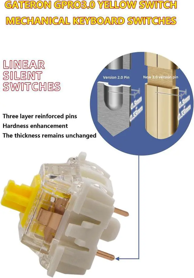 Alt view image 3 of 5 - Gateron 70Pcs Pre lubed G pro V3.0 MX Mechanical Gaming Keyboard Split Tactile 50gf Switches,POM Stem Linear RGB SMD Switches 3 pin (Yellow)