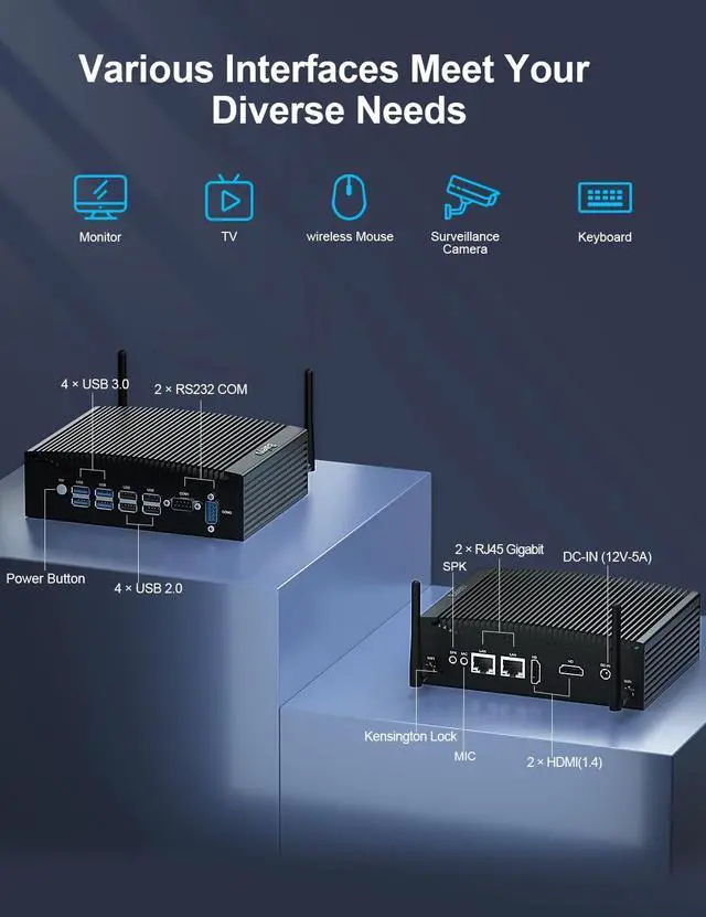 Alt view image 3 of 5 - Baieyu Industrial PC with 8GB RAM DDR4 128GB SSD, Core i5-8260U, Fanless Mini PC Windows 10 Pro with 2 × HD Ports, 2 × RS232 COM, 2 × RJ45 LAN Ports, 8 × USB Fanless Industrial Computer WiFi & BT4.2
