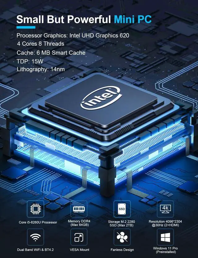 Alt view image 2 of 5 - Baieyu Industrial PC with 8GB RAM DDR4 128GB SSD, Core i5-8260U, Fanless Mini PC Windows 10 Pro with 2 × HD Ports, 2 × RS232 COM, 2 × RJ45 LAN Ports, 8 × USB Fanless Industrial Computer WiFi & BT4.2