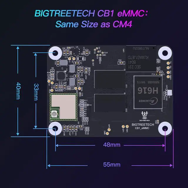 Alt view image 3 of 5 - BIGTREETECH CB1 eMMC Core Control Board for 3D Printers to Run Klipper, 32GB ROM, 1GB DDR3 RAM, 100M Ethernet, 100M WiFi, As CM4 Compatible with Rasp-Berry Pi4, BTT Pi4B, Manta E3EZ M8P M4P M5P