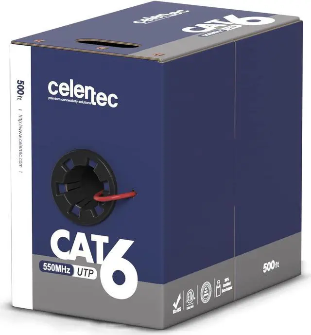 Main image of celertec CAT6 Ethernet Cable, 500ft, 23AWG Solid Bare Copper, Unshielded Twisted Pairs(UTP), 550MHz, ETL Listed &CMR Riser Rated, Indoor, Bulk Ethernet Cable -Red