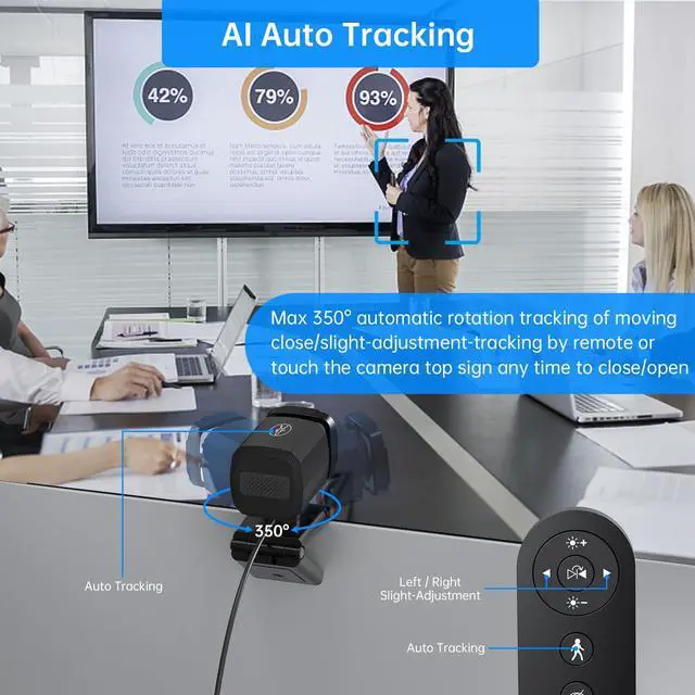 Alt view image 3 of 5 - CofunKool Auto Tracking Webcam with Privacy Shutter, Microphone, Remote Control, Full HD 1080P Video, 73deg View Camera, WDR, USB Plug and Play, for Desktop PC Laptop Computer