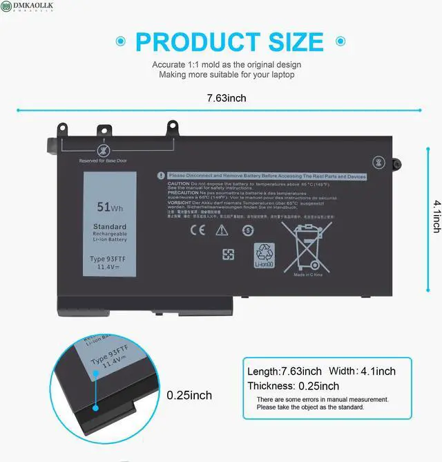 Alt view image 4 of 5 - 93FTF Battery Replacement for Dell Latitude 5580 5480 5490 5590 5280 5290 5288 5488 5591 5491 5495 E5480 E5580 E5490 E5590 Precision 3520 3530 D4CMT 083XPC 83XPC 4YFVG 451-BBZG 451-BBZT 51Wh 11.4V