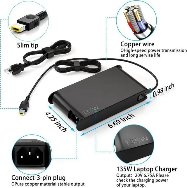 Alt view image 3 of 5 - Newest Slim 20V 6.75A 135W AC Adapter Fit for Lenovo Thinkpad X1 P1 P15v T15p ThinkPad T440P T470p T540p Ideapad 3 700 L340 Legion Y50 Y520 Y530 Y7000P ADL135NDC3A ADL135NDC2A 135W Lenovo Charger
