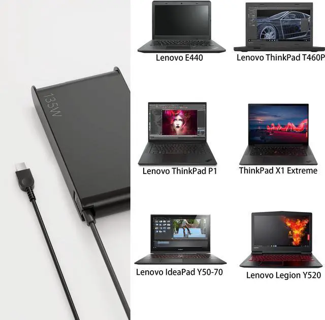 Alt view image 5 of 5 - Newest Slim 20V 6.75A 135W AC Adapter Fit for Lenovo Thinkpad X1 P1 P15v T15p ThinkPad T440P T470p T540p Ideapad 3 700 L340 Legion Y50 Y520 Y530 Y7000P ADL135NDC3A ADL135NDC2A 135W Lenovo Charger