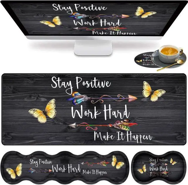 Main image of Large Gaming Mouse Pad, Keyboard Wrist Rest pad + Mouse Wrist pad + Coaster Set Extended Waterproof Non-Slip Table mat Suitable for Home Office - Stay Positive Work Hard and Make It Happen
