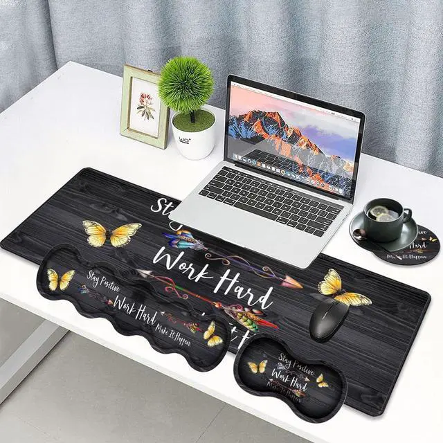 Alt view image 2 of 5 - Large Gaming Mouse Pad, Keyboard Wrist Rest pad + Mouse Wrist pad + Coaster Set Extended Waterproof Non-Slip Table mat Suitable for Home Office - Stay Positive Work Hard and Make It Happen