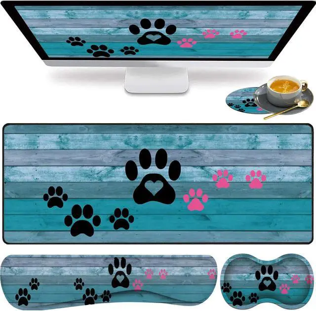 Main image of Large Gaming Mouse Pad, Keyboard Wrist Rest pad + Mouse Wrist pad + Coaster Set Extended Waterproof Non-Slip Table mat Suitable for Home Office Learning Games - Black and Pink Dog Paw Prints