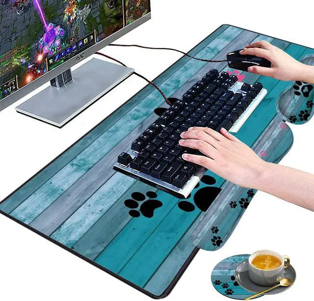 Alt view image 4 of 5 - Large Gaming Mouse Pad, Keyboard Wrist Rest pad + Mouse Wrist pad + Coaster Set Extended Waterproof Non-Slip Table mat Suitable for Home Office Learning Games - Black and Pink Dog Paw Prints