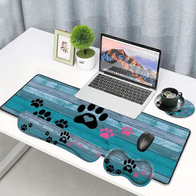 Alt view image 2 of 5 - Large Gaming Mouse Pad, Keyboard Wrist Rest pad + Mouse Wrist pad + Coaster Set Extended Waterproof Non-Slip Table mat Suitable for Home Office Learning Games - Black and Pink Dog Paw Prints