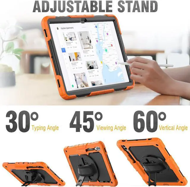 Alt view image 4 of 5 - HXCASEAC Case for Samsung Galaxy Tab S7 FE 5G Case 12.4 inch, Protective with Screen Protector/Hand Strap/S Pen Holder, Heavy Duty Case for Samsung Galaxy S7 FE Tablet Case - Orange