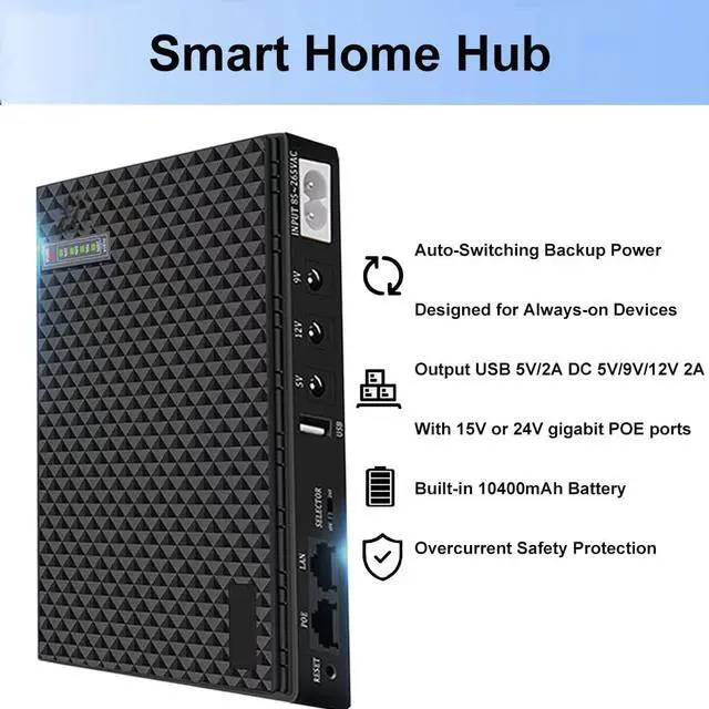 Alt view image 5 of 5 - Mini UPS Battery Backup for Routers,Built-in 10400mAh Rechargeable Surge Protector with POE,Output USB 5V/2A DC 5V/9V/12V 2A for Modem,Security Camera, Smartphones (Black)