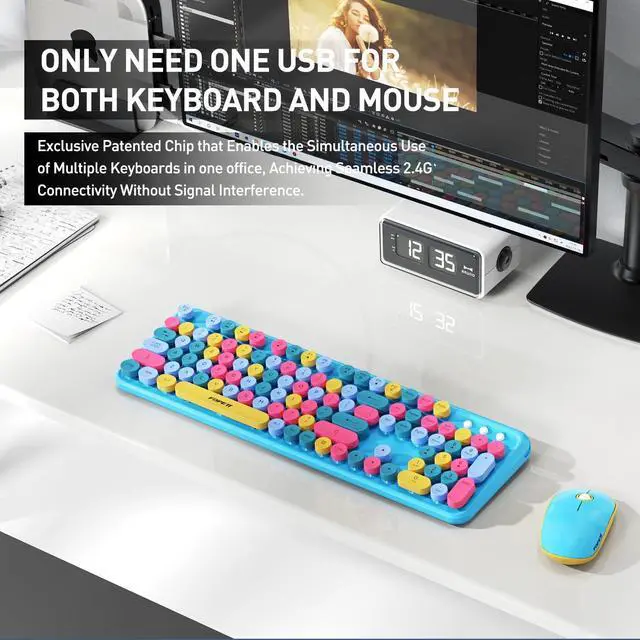 Alt view image 2 of 5 - Keyboard and Mouse Wireless,Cute Retro Wireless Keyboard Mouse Combo with Round Key,2.4Ghz Dropout-Free Connection,Typewriter Wireless Keyboard Mouse Set for PC Laptop Desktop Computer-Blue Colorful