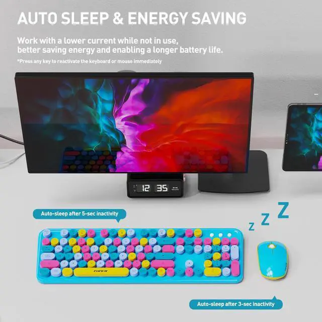 Alt view image 3 of 5 - Keyboard and Mouse Wireless,Cute Retro Wireless Keyboard Mouse Combo with Round Key,2.4Ghz Dropout-Free Connection,Typewriter Wireless Keyboard Mouse Set for PC Laptop Desktop Computer-Blue Colorful