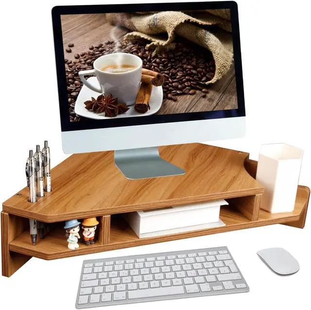 Main image of KUAIYU Triangle Monitor Stand Riser, Wooden Triangle Desktop Computer Stand with Office Organization, Walnut Color