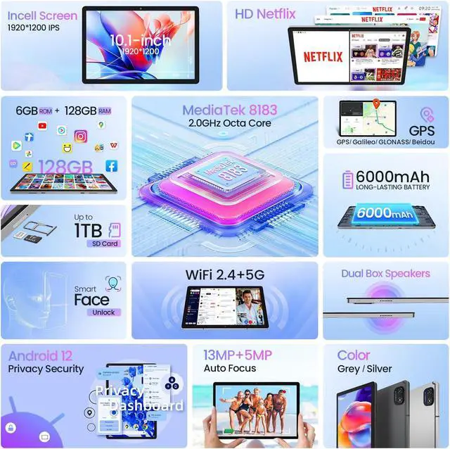 Alt view image 2 of 5 - kinstone Android 12 Tablet with 128GB ROM 1TB Expand,10.1 Inch Gaming Tablets,2.0GHz Octa-Core Tablet,1920 * 1200 FHD IPS Display,13MP+5MP,2.4/5G WiFi,Bluetooth 5.0,Hotspot,GPS(Sliver)