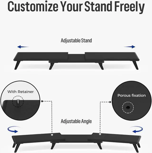 Alt view image 2 of 5 - loukin Dual Monitor Stand Riser for Desk, 43.6"*8.2"*3.2" Large Computer Stand for 2 Monitors, Laptop, Printer, Length and Angle Adjustable Computer Shelf, Home Office,Max 43.6" Length(Black)