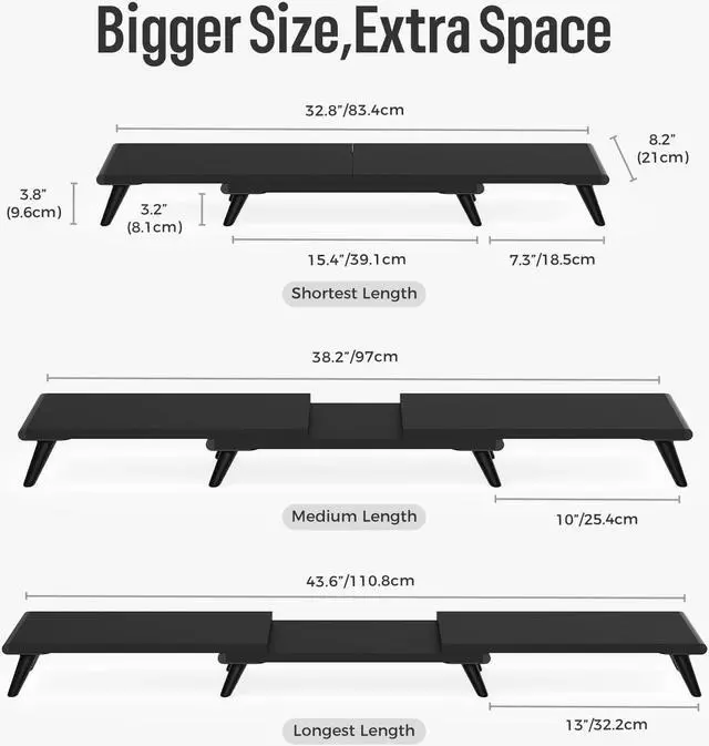 Alt view image 4 of 5 - loukin Dual Monitor Stand Riser for Desk, 43.6"*8.2"*3.2" Large Computer Stand for 2 Monitors, Laptop, Printer, Length and Angle Adjustable Computer Shelf, Home Office,Max 43.6" Length(Black)