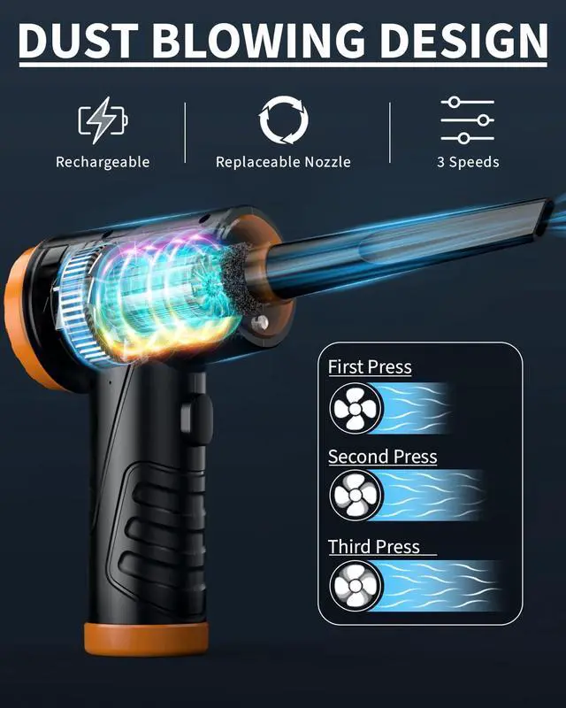 Alt view image 2 of 5 - Powerful Compressed Air Duster for Deep Cleaning-Replace Compressed Air Can-No Canned Air Duster-Keyboard Cleaner-PC Cleaning-Rechargeable-3-Speeds-95000RPM Cordless Air Blower-Car Duster-Orange