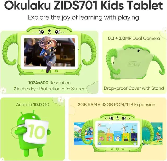Alt view image 2 of 5 - okulaku Kids Tablet 7 inch Toddler Tablet for Kids 2GB + 32GB Android System with WiFi Dual Camera Shockproof Case Child Learning PC with Parental Control, Preinstalled Educational Games, Green