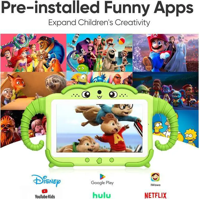 Alt view image 3 of 5 - okulaku Kids Tablet 7 inch Toddler Tablet for Kids 2GB + 32GB Android System with WiFi Dual Camera Shockproof Case Child Learning PC with Parental Control, Preinstalled Educational Games, Green