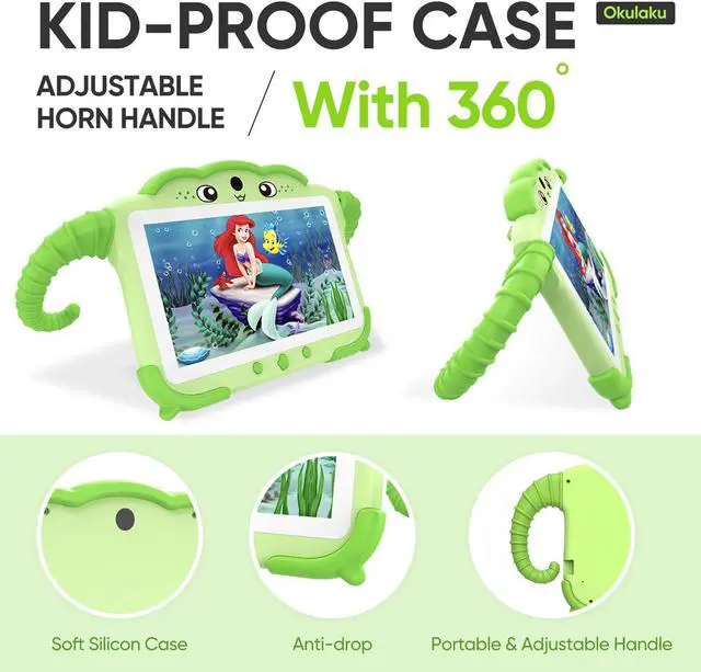 Alt view image 5 of 5 - okulaku Kids Tablet 7 inch Toddler Tablet for Kids 2GB + 32GB Android System with WiFi Dual Camera Shockproof Case Child Learning PC with Parental Control, Preinstalled Educational Games, Green