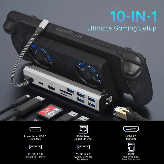 Alt view image 2 of 5 - Dual Cooling Fans 13 in 1 Steam Deck Docking Station with 4K@60Hz 5 USB Ports,1000Mbps,SD/TF Slot,USB-C 100W PD, 40Gbps Adapter for Steam Deck/Rog Ally/Switch/Legion Go