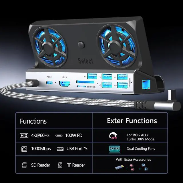Alt view image 3 of 5 - Dual Cooling Fans 13 in 1 Steam Deck Docking Station with 4K@60Hz 5 USB Ports,1000Mbps,SD/TF Slot,USB-C 100W PD, 40Gbps Adapter for Steam Deck/Rog Ally/Switch/Legion Go