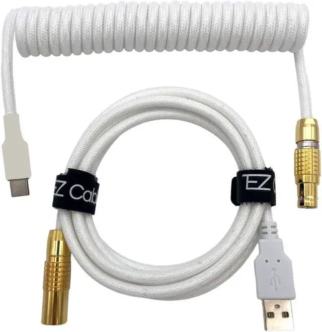 Main image of Tez Cables Pro Custom Coiled USB C Cable for Gaming Keyboard, Double-Sleeved Mechanical Keyboard Cable with Slim Type Detachable Gold Aviator, 5 FT USB-C to USB-A, White Gold Color