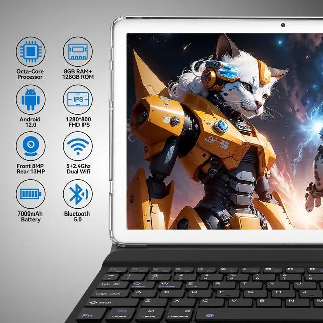 Alt view image 2 of 5 - 2 in 1 Tablet with Keyboard, 2024 Latest Tablets Android 4+4+128GB ROM, 10 Inch Tablet with Octa-Core Chip Support 5+2.4Ghz WiFi, 7000mAh Battery, Bluetooth 5.0, GPS, HD Touch Screen-Silver